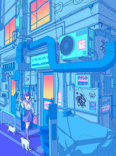 Une ruelle tranquille et bleue avec des chats