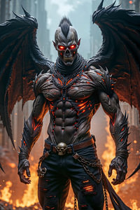 Dark Fantasy Art Wandbild: DAEMONYX - Der geflügelte Grim Reaper in der brennenden Stadt