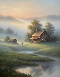 Rustic Farmhouse in Morning Fog by Regan Frederick