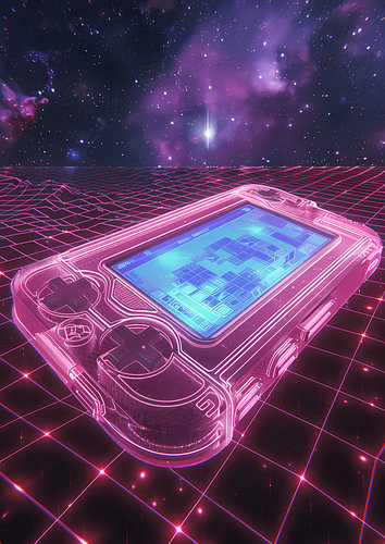 Retro handheldconsole in synthwave-stijl – neon-gamingkunst uit de jaren 80 in roze en paars