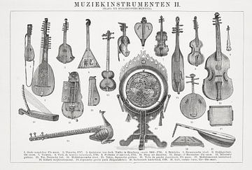 Antieke gravure Muziekinstrumenten II van Studio Wunderkammer
