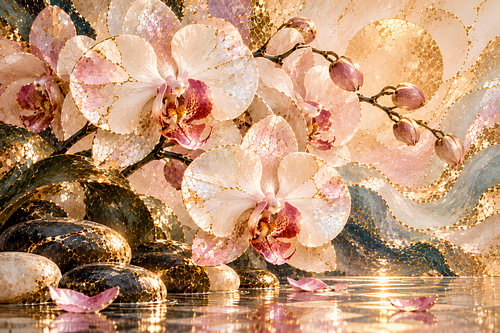 Orchideeën met zen-stenen in rosé & goud | Elegante bloemenkunst met mozaïekeffect | Poster in liggend formaat