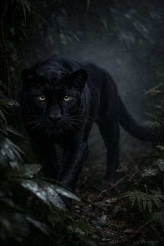 Zwarte panter die geruisloos door een mistig regenwoud sluipt – een mystiek moment van pure kracht, stilte en wilde elegantie in de diepe jungle
