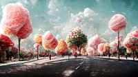 Ein Straßenzug mit Bäumen aus Zuckerwatte und Bonbons an einem schönen Sommertag