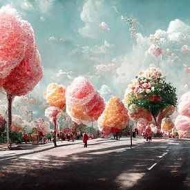Een straat met bomen gemaakt van suikerspin en snoepjes op een mooie zomerdag van Berit Kessler