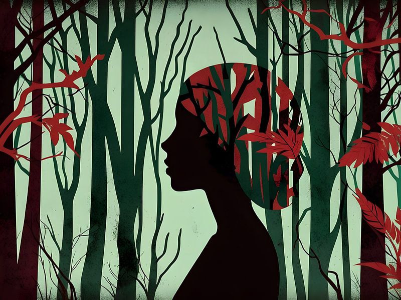 Silhouette féminine entourée d'une forêt sombre par Bart Veeken