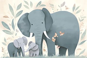 Elephant mother and her offspring by Christian Ovís