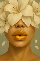 Golden Silence - portrait surréaliste avec des fleurs et des lèvres dorées