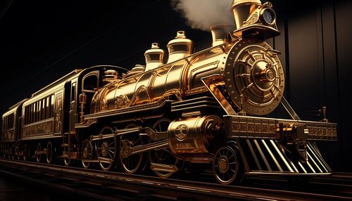 Panorama d'une locomotive à vapeur dorée