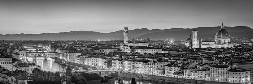 Panorama of the city of Florence in Italy in the evening.  Black and white. by Manfred Voss, Black-White Photography