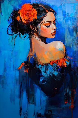 Flamenco danseres met roos in het haar in blauw en oranje