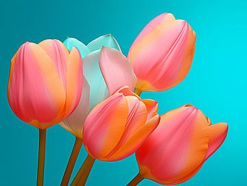 Pink tulips on aqua blue background by Bianca ter Riet