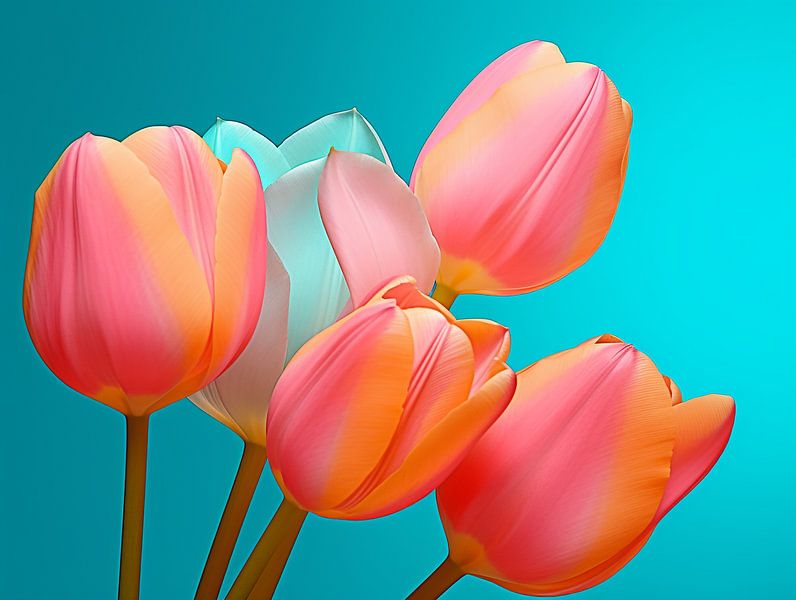 Rosa Tulpen auf aquablauem Hintergrund von Bianca ter Riet