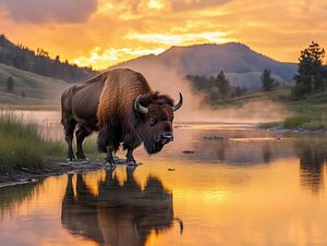 Bison stehend in der Nähe eines Sees bei Sonnenuntergang in einer malerischen Landschaft