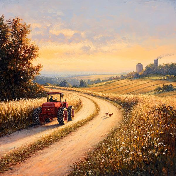 Landidylle mit rotem Traktor von Poster Art Shop