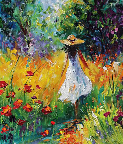 vrouw met hoed  wandelt in het veld