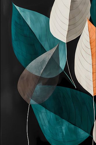 Abstrakte Blätter in Grüntönen, Grau, Beige und Orange von Digital Art Waves
