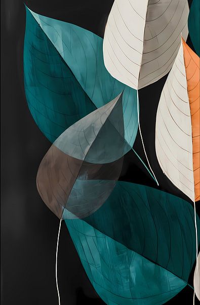 Abstrakte Blätter in Grüntönen, Grau, Beige und Orange von Digital Art Waves