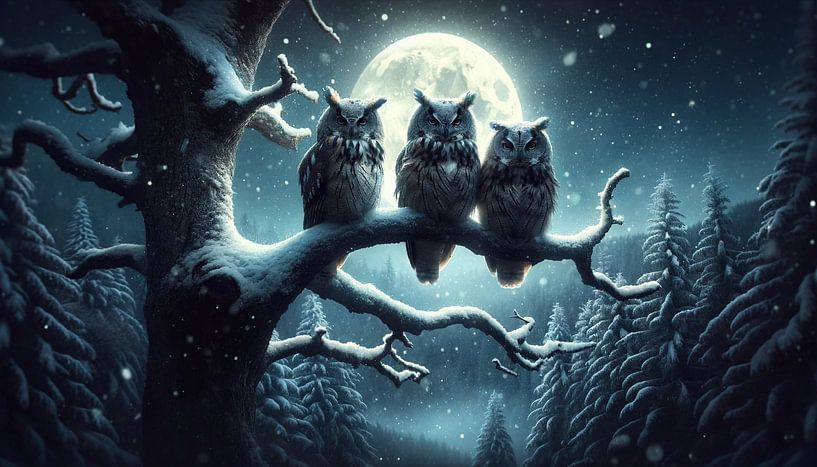Garde de nuit lunaire : trio de chouettes dans la forêt hivernale par artefacti