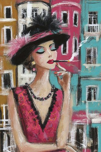 Turkey: Woman Wearing a Hat | Woman with a Cigarette and a Colourful Background by Abstract Painting