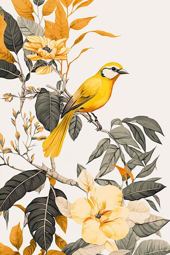 Orange-yellow flowers and birds by Digitale Schilderijen