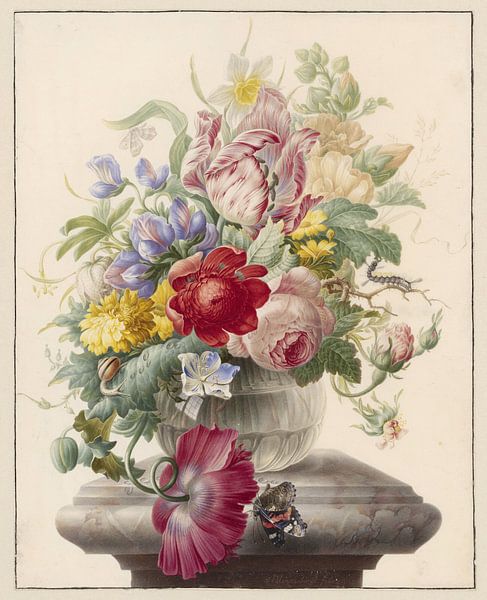Blumen in einer Glasvase mit einem Schmetterling, Herman Henstenburgh von Meisterhafte Meister