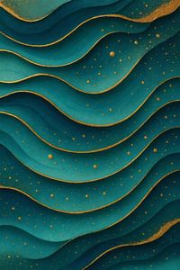 Profondeur de l'âme en bleu – Fresque murale fluide aux contours dorés
