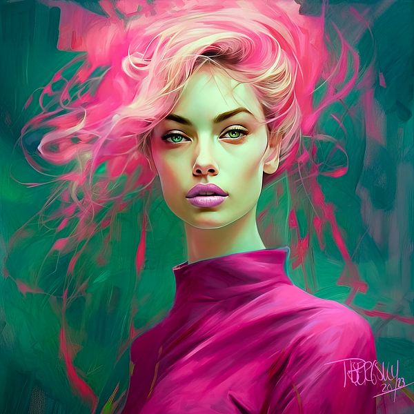 Pop-Art-Porträt Neon Woman III, magenta, neongrün von René van den Berg