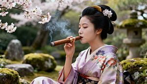 Geisha im japanischen Garten beim Rauchen einer Zigarre