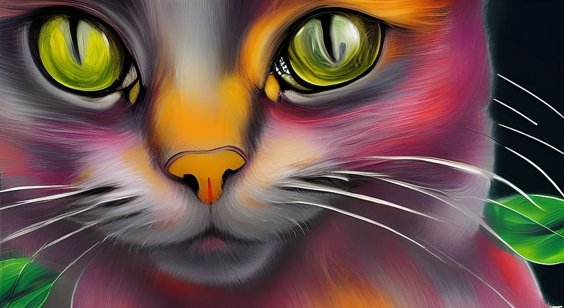 Abstract cat with green leaves by Betty Maria Digital Art