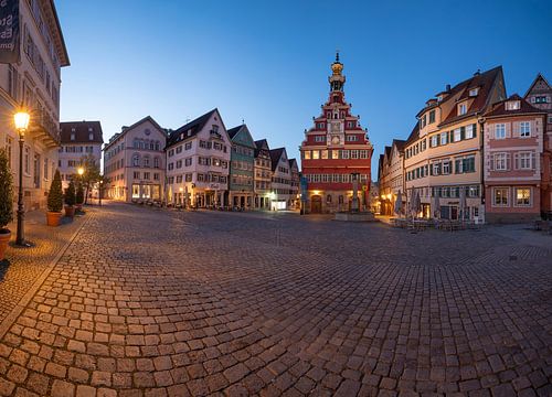 De ochtendschemering boven het historische stadhuisplein in Esslingen am Neckar.