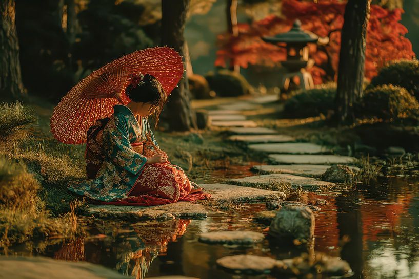 picturesque Japanese art Geisha in garden by Egon Zitter
