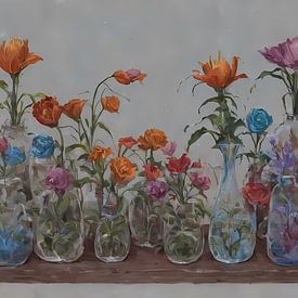 kleurrijke bloemen in glazen vazen van Sanne den Engelsman