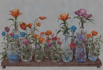 kleurrijke bloemen in glazen vazen van Sanne den Engelsman