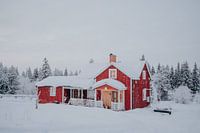 Winter scene in Swedish Lapland - Swedish red house photo print