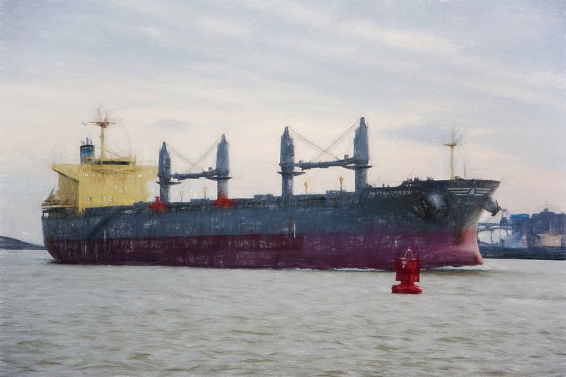 Schip in de Nieuwe Waterweg bij Hoek van Holland tekening van Lida Bruinen