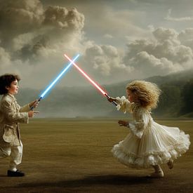 Twee Adellijke Kinderen met Lichtzwaarden - Oude meesters Schilderij van Peter Pen tekeningen en schilderijen