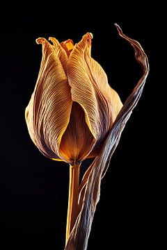 Gedroogde Tulp met dor blad in gouden gloed uitgevoerd in lowkey van John van den Heuvel