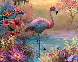 Flamant rose et fleurs tropicales