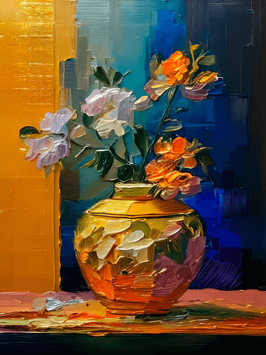 Modern Still Life: Golden Vase with Flowers, painted in thick paint