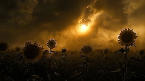 zonsondergang boven het veld zonnebloemen