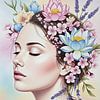 Bloemenportret van een serene vrouw met botanische kroon van fredi arlangga