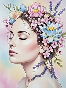 Bloemenportret van een serene vrouw met botanische kroon