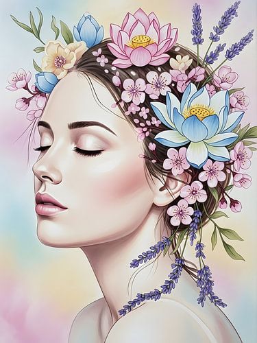 Bloemenportret van een serene vrouw met botanische kroon van fredi arlangga