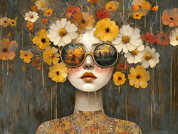 Bloemen vrouw | Vrouw en kleurrijke bloemenkrans van Kunst Kriebels