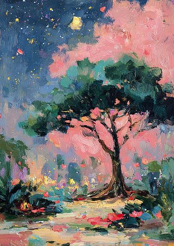 Boom onder de volle maan in het sterrenlicht