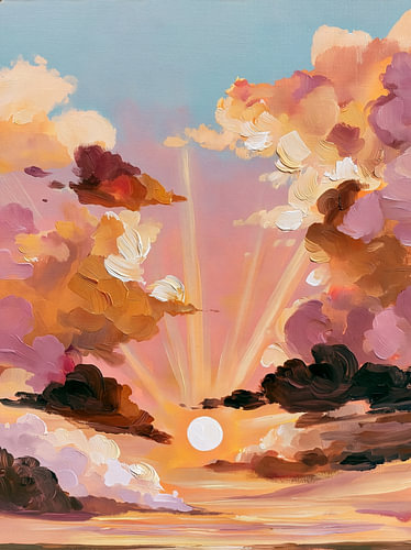 Un lever de soleil haut en couleur entre des nuages roses