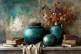Vases turquoise - Nature morte apaisante dans l'esprit wabi-sabi sur Jorali Beaux-Arts