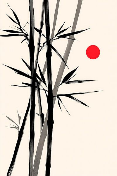 Bamboo with red sun - Minimalist by Poster Art Shop