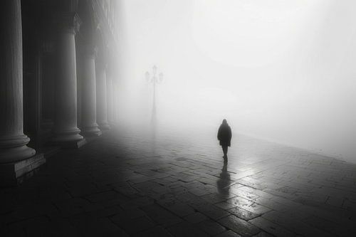 Lonely walk in the fog - Mystical black and white photography